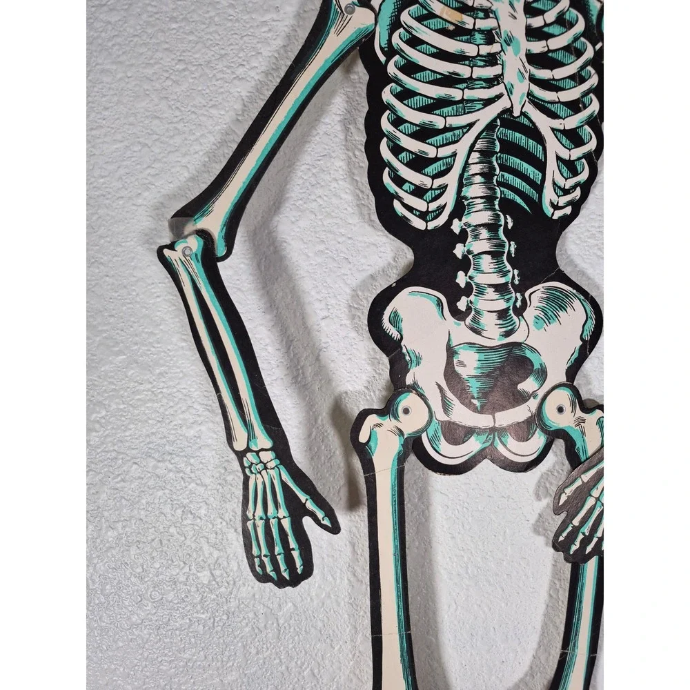 Vtg Beistle Jointed Cardboard Skeleton Halloween Decoration Teal Cream 36 Inch